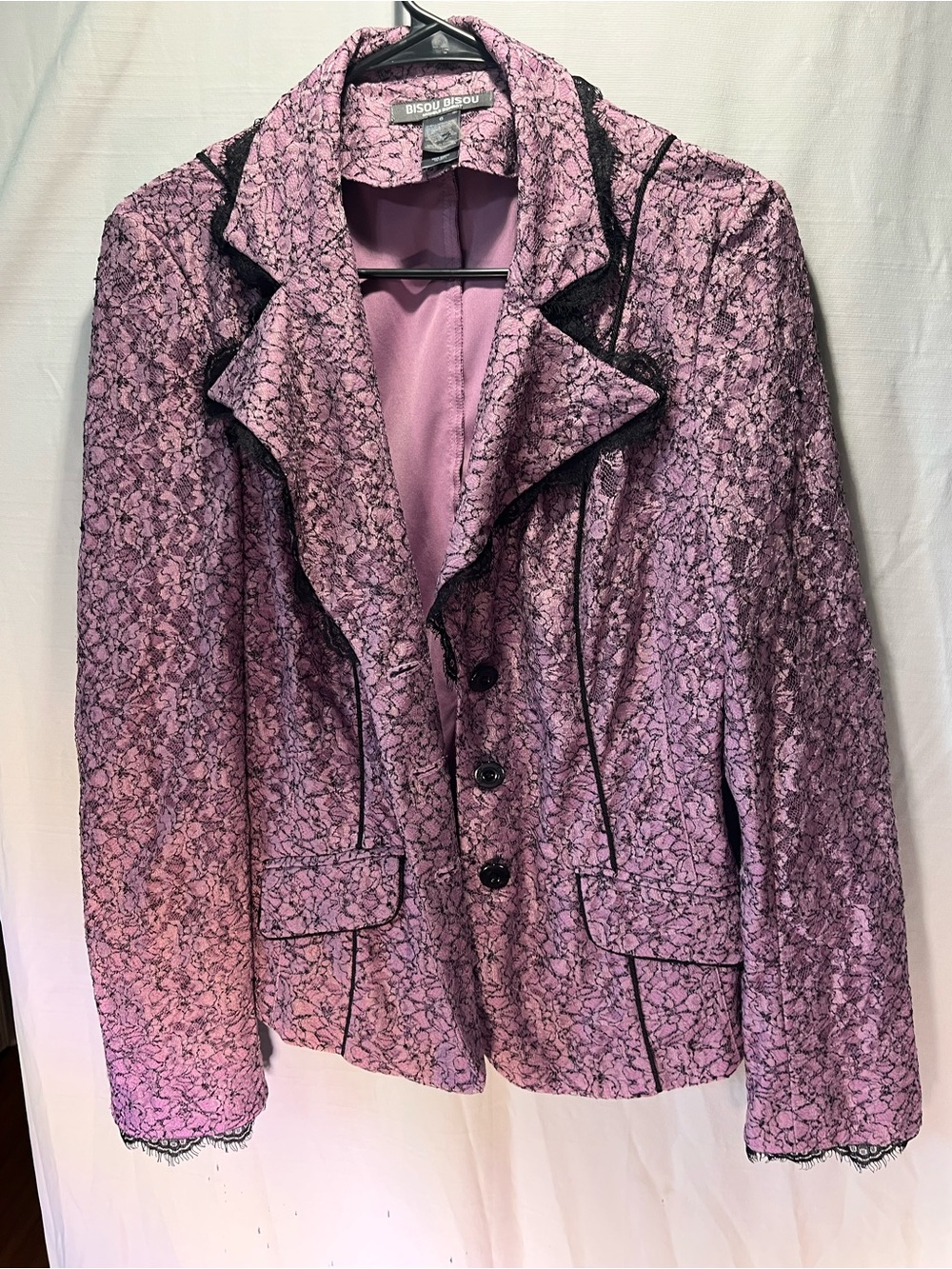 Bisou Bisou Pink Lace-Overlay Blazer with Black Trim